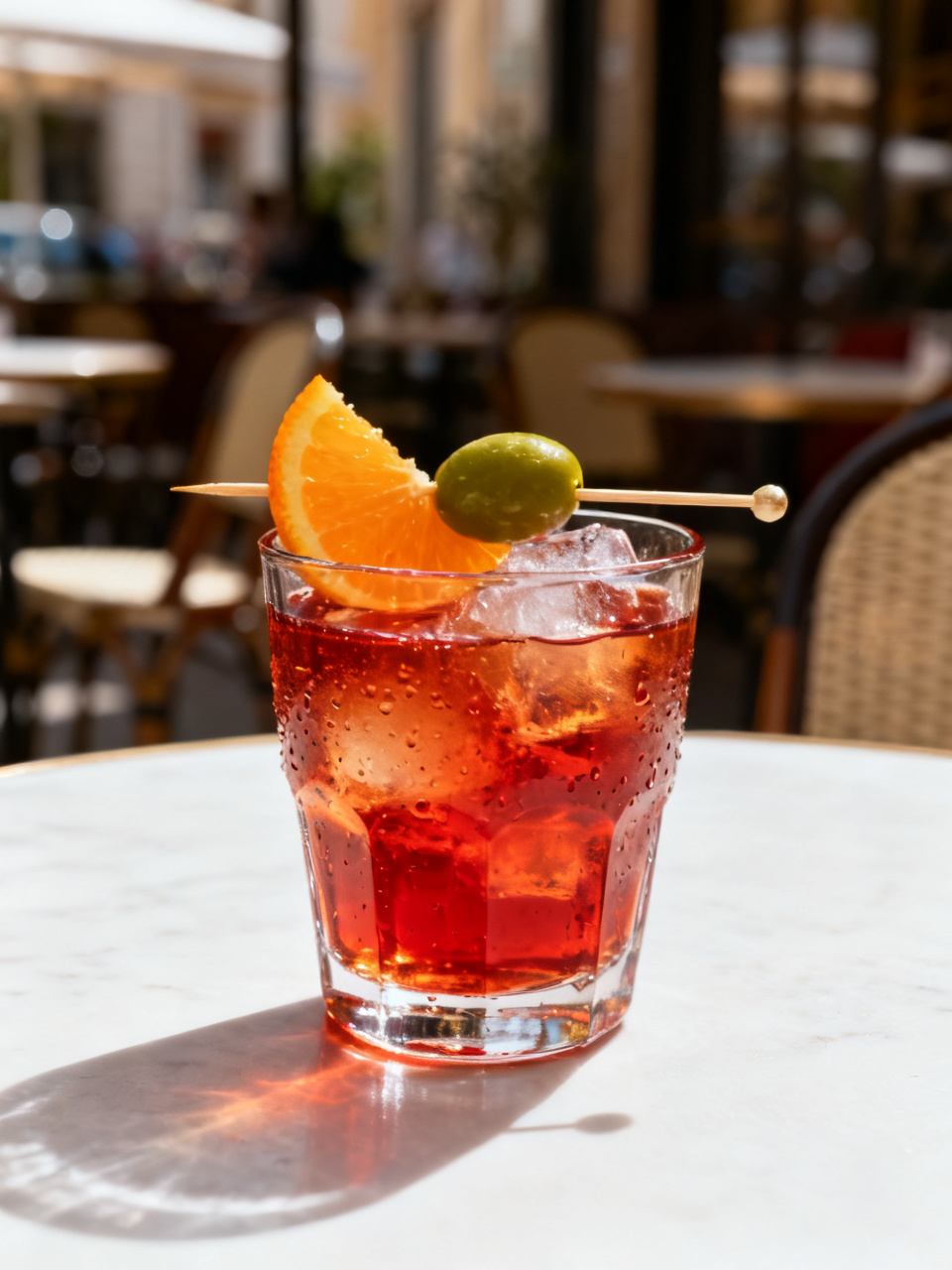 Vermut de la casa amb taronja i oliva sobre taula de marbre a la terrassa