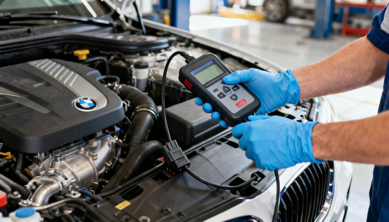 Mecànic fent una diagnosi electrònica amb un escàner OBD al motor d'un cotxe